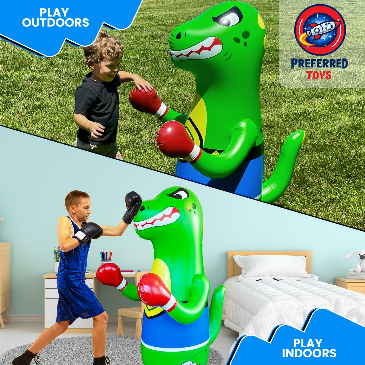 Kid Playing with Dinosaur Punching Bag