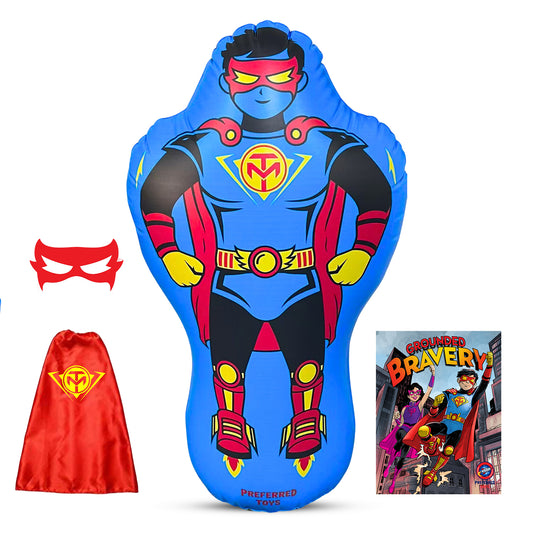 Superhero Punching Bags for Kids - 47 Inch Inflatable Bop Bag including Superhero Cape, Mask, & Comic Book, Kids Punching Dummy with Instant Bounce Back Movement, Heavy Duty PVC