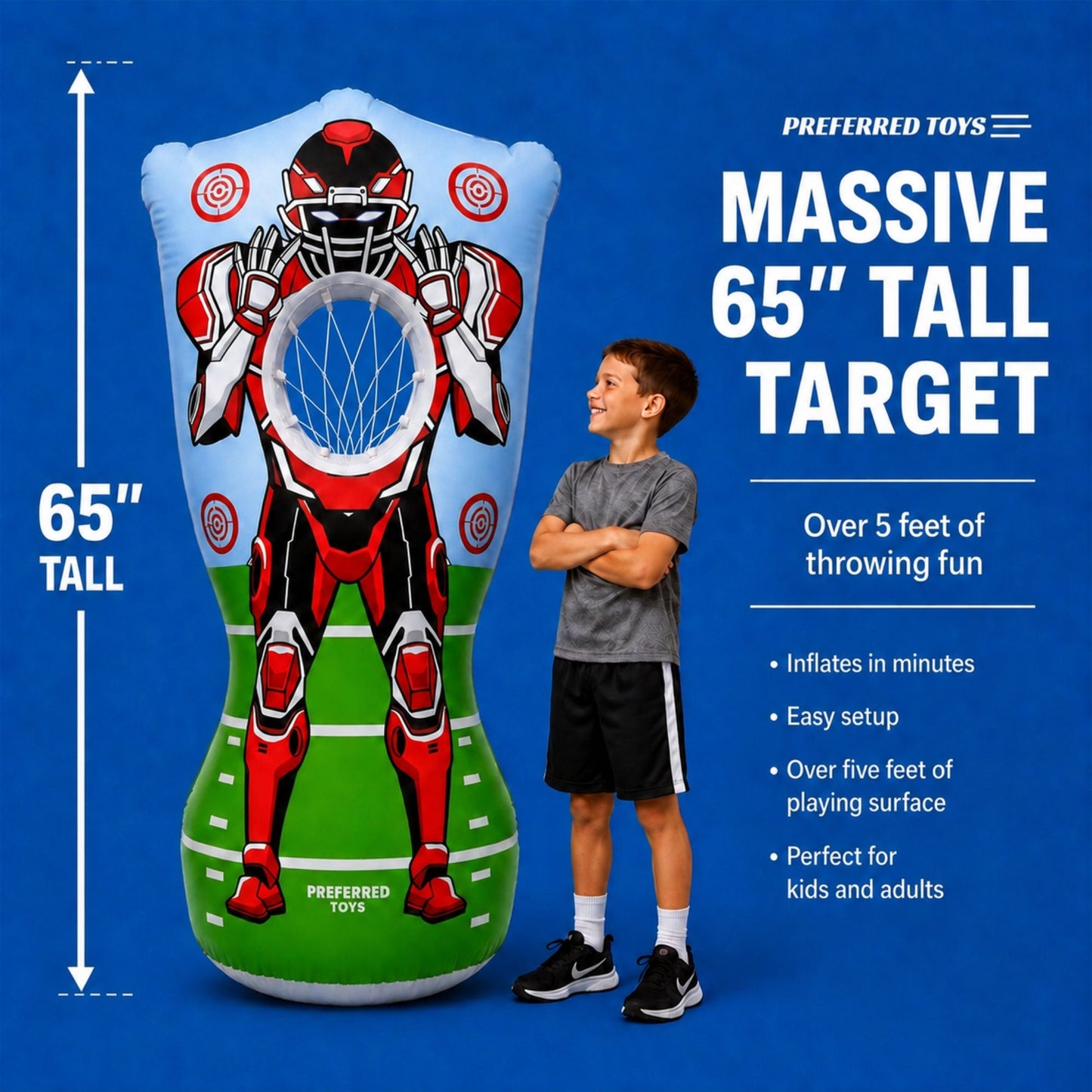 Preferred Toys Inflatable Football Target - Double-Sided Toss Football Training Game with Mini Footballs - Fun Kids Throwing Football Games for Indoors, Outdoors, Birthdays, Camping, Beach - 65 Inch