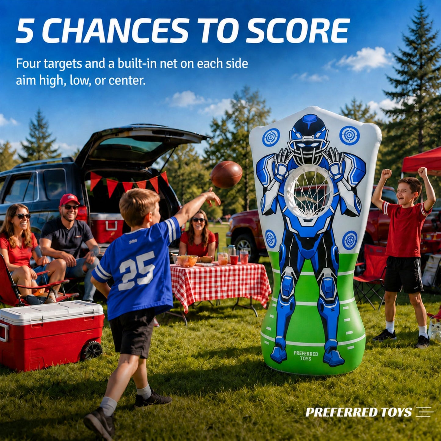 Preferred Toys Inflatable Football Target - Double-Sided Toss Football Training Game with Mini Footballs - Fun Kids Throwing Football Games for Indoors, Outdoors, Birthdays, Camping, Beach - 65 Inch