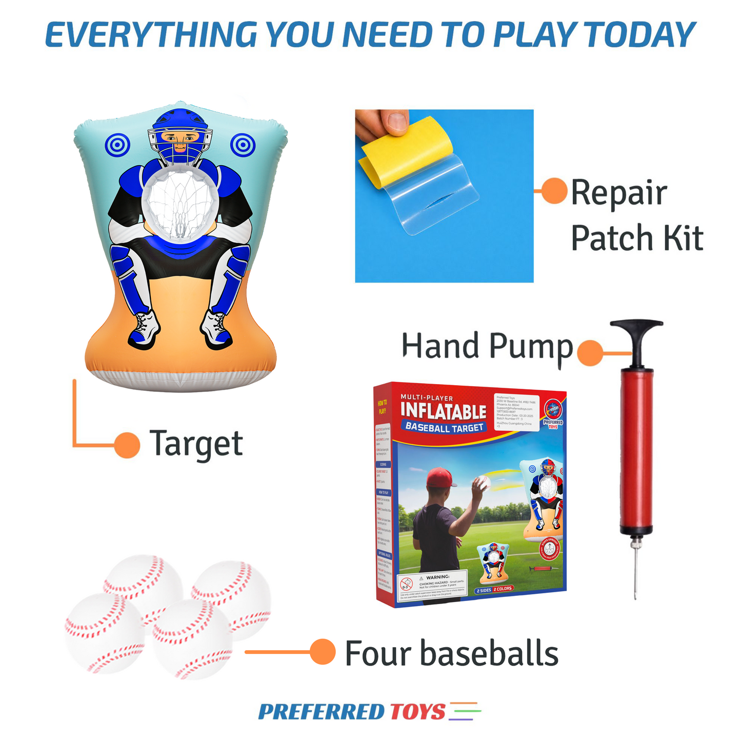 Preferred Toys Inflatable Baseball Pitching Target for Kids, Double-Sided Outdoor & Indoor Baseball Training Toss Game, Includes 4 Balls, Air Pump, & Patch Kit