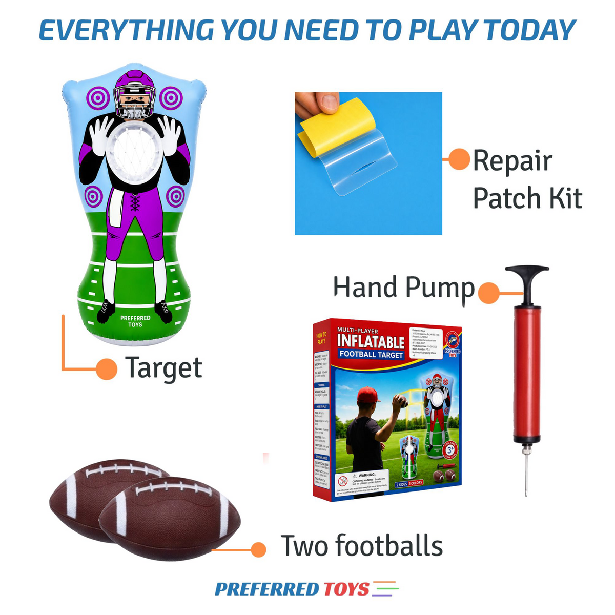 Preferred Toys Inflatable Football Target - Double-Sided Toss Football Training Game with Mini Footballs - Fun Kids Throwing Football Games for Indoors, Outdoors, Birthdays, Camping, Beach - 65 Inch