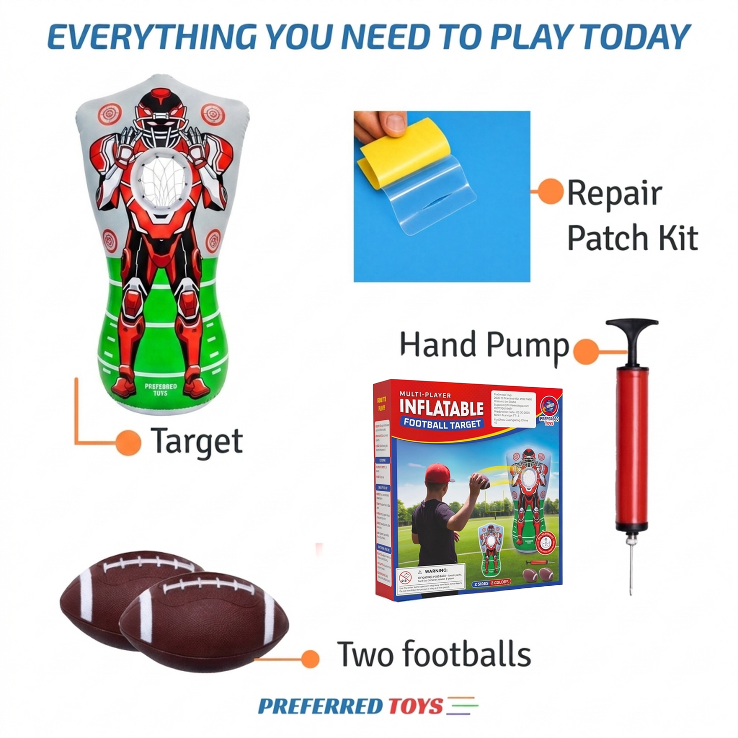 Preferred Toys Inflatable Football Target - Double-Sided Toss Football Training Game with Mini Footballs - Fun Kids Throwing Football Games for Indoors, Outdoors, Birthdays, Camping, Beach - 65 Inch