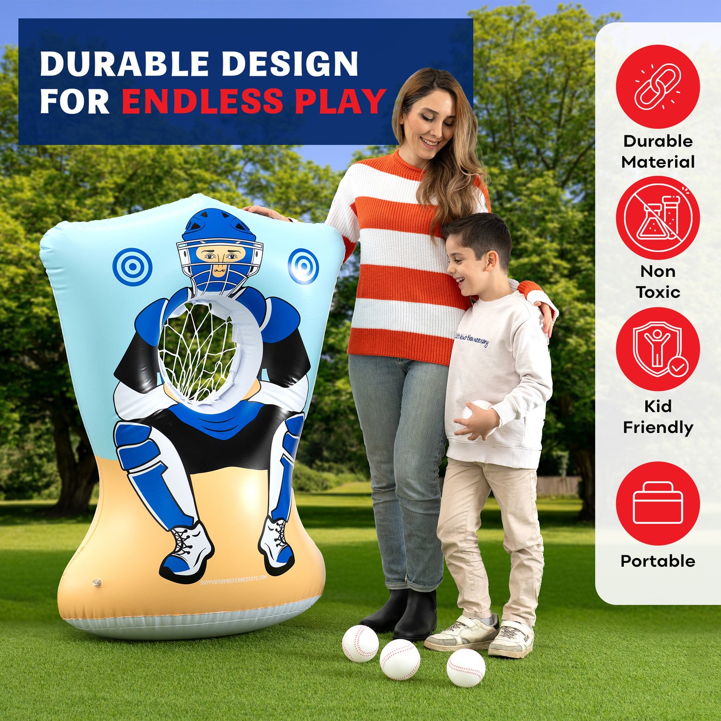 Preferred Toys Inflatable Baseball Pitching Target for Kids, Double-Sided Outdoor & Indoor Baseball Training Toss Game, Includes 4 Balls, Air Pump, & Patch Kit