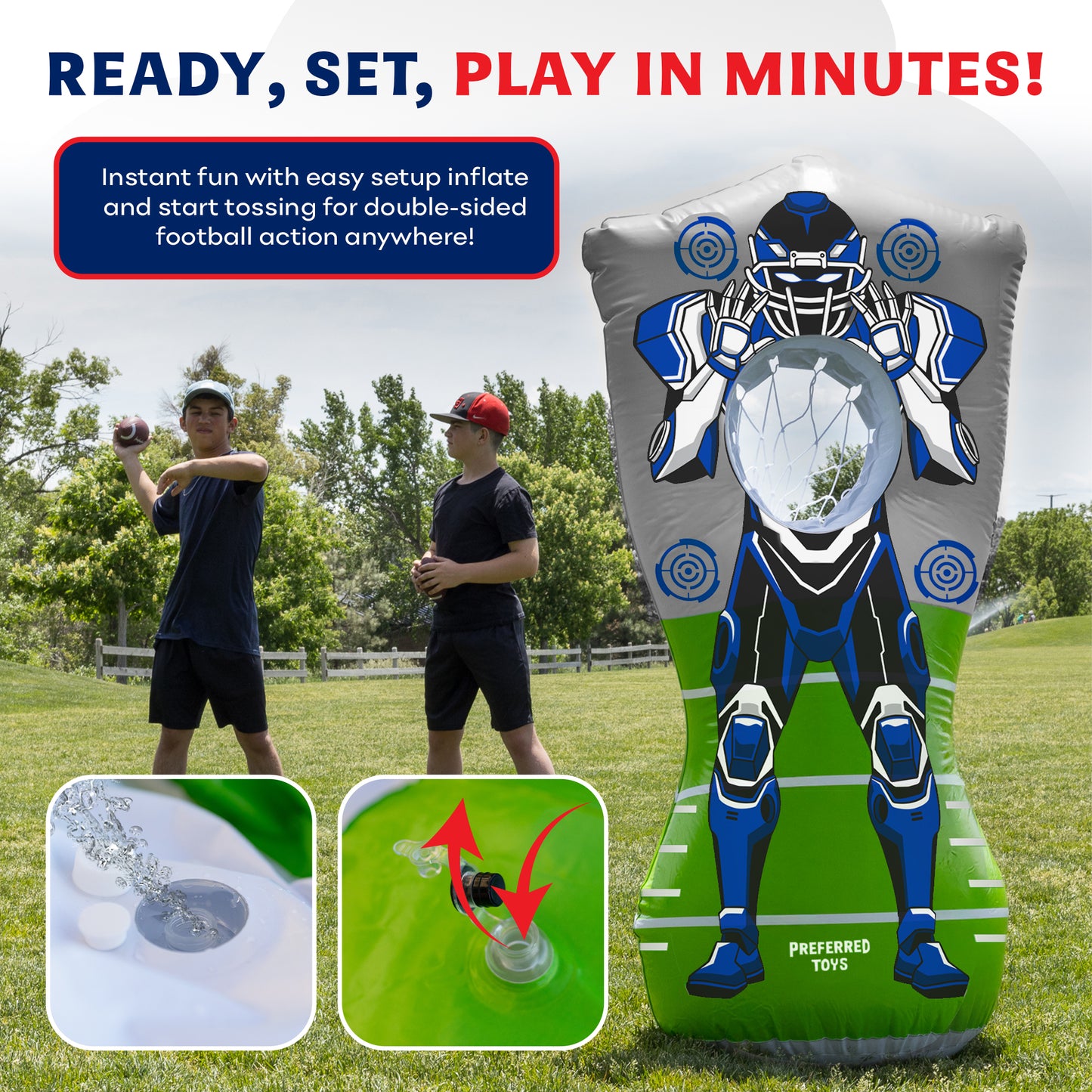 Preferred Toys Inflatable Football Target - Double-Sided Toss Football Training Game with Mini Footballs - Fun Kids Throwing Football Games for Indoors, Outdoors, Birthdays, Camping, Beach - 65 Inch