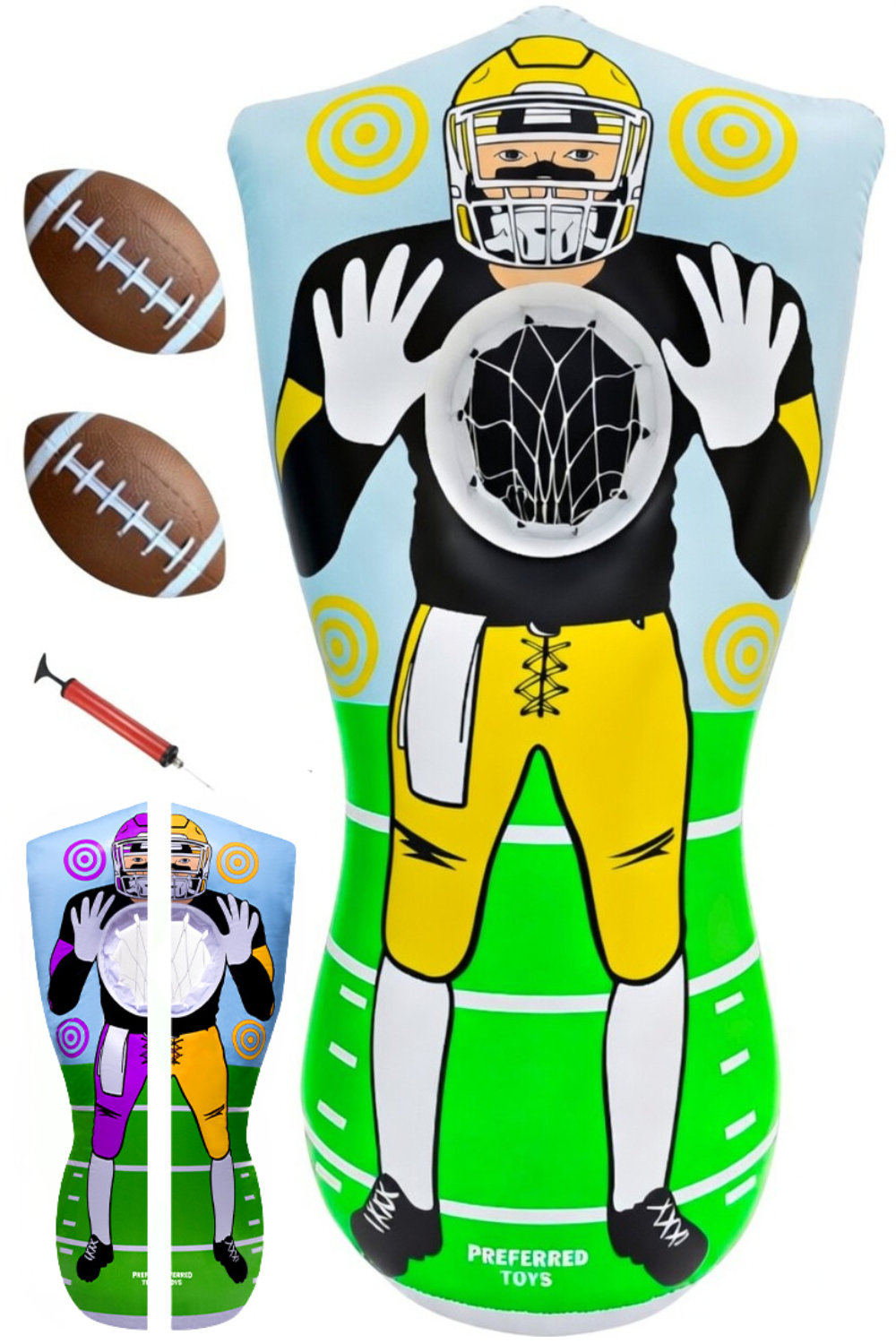 Preferred Toys Inflatable Football Target - Double-Sided Toss Football Training Game with Mini Footballs - Fun Kids Throwing Football Games for Indoors, Outdoors, Birthdays, Camping, Beach - 65 Inch