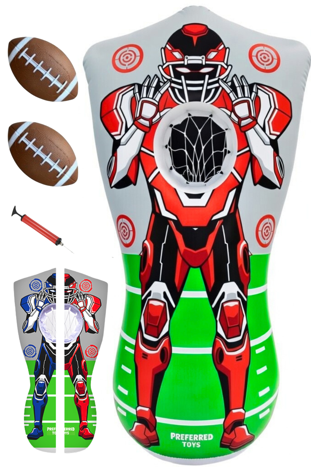 Preferred Toys Inflatable Football Target - Double-Sided Toss Football Training Game with Mini Footballs - Fun Kids Throwing Football Games for Indoors, Outdoors, Birthdays, Camping, Beach - 65 Inch