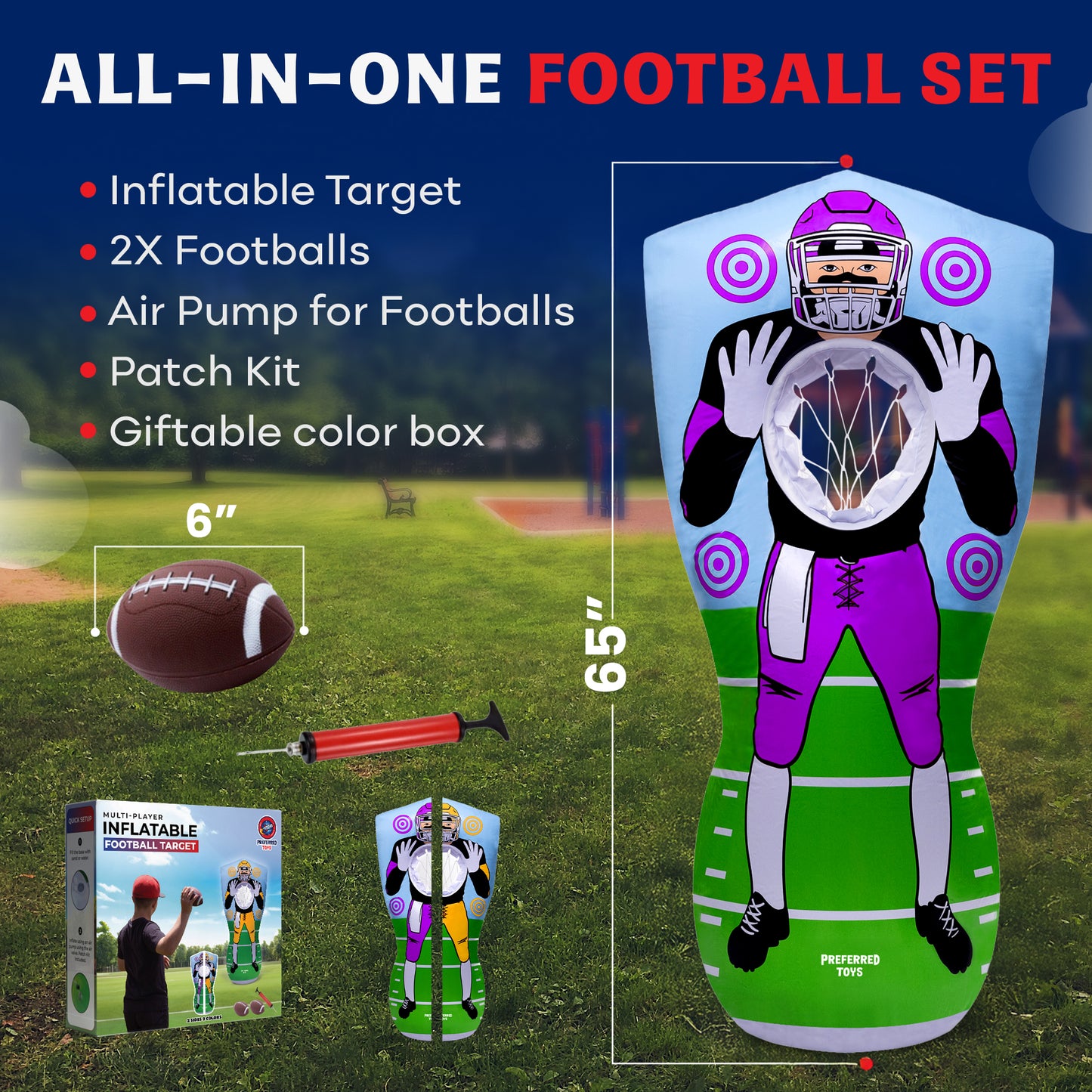 Preferred Toys Inflatable Football Target - Double-Sided Toss Football Training Game with Mini Footballs - Fun Kids Throwing Football Games for Indoors, Outdoors, Birthdays, Camping, Beach - 65 Inch