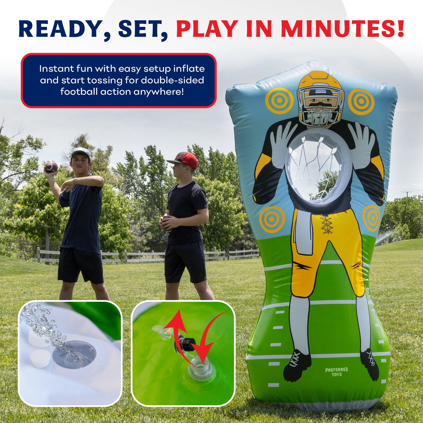 Preferred Toys Inflatable Football Target - Double-Sided Toss Football Training Game with Mini Footballs - Fun Kids Throwing Football Games for Indoors, Outdoors, Birthdays, Camping, Beach - 65 Inch