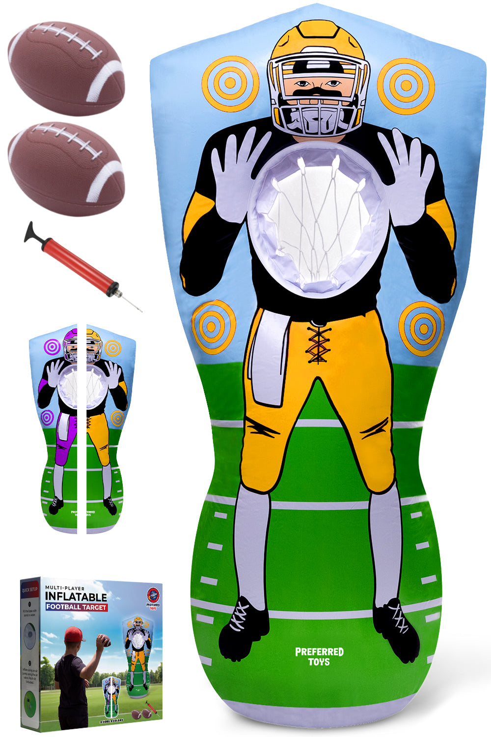 Preferred Toys Inflatable Football Target - Double-Sided Toss Football Training Game with Mini Footballs - Fun Kids Throwing Football Games for Indoors, Outdoors, Birthdays, Camping, Beach - 65 Inch