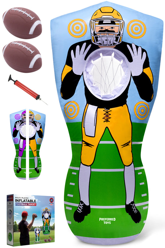 Preferred Toys Inflatable Football Target - Double-Sided Toss Football Training Game with Mini Footballs - Fun Kids Throwing Football Games for Indoors, Outdoors, Birthdays, Camping, Beach - 65 Inch