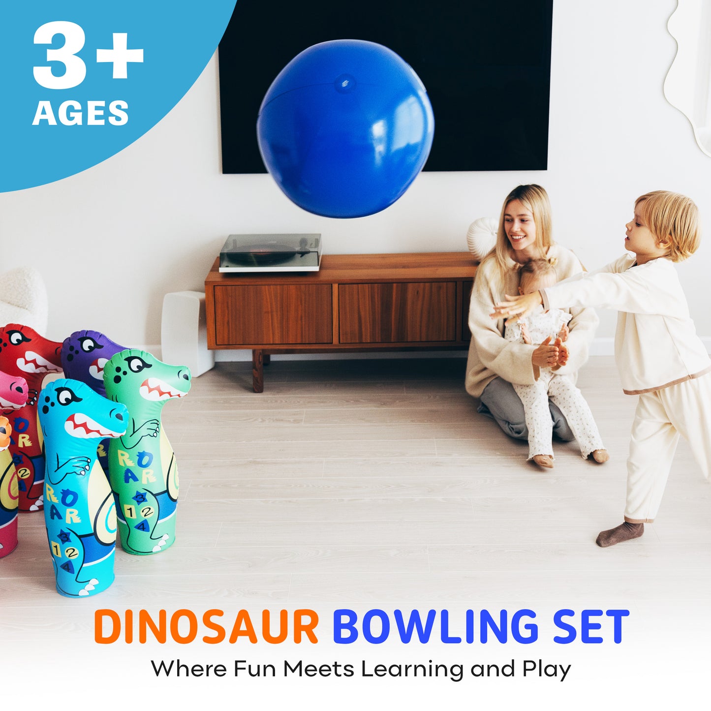 Preferred Toys Dinosaur Bowling Set for Kids, Six 26” Pins and 24” Ball, Durable Bowling Games for Kids Indoor with Numbers, Shapes & Letters, Bowling Toys for Kids 3-5 Years