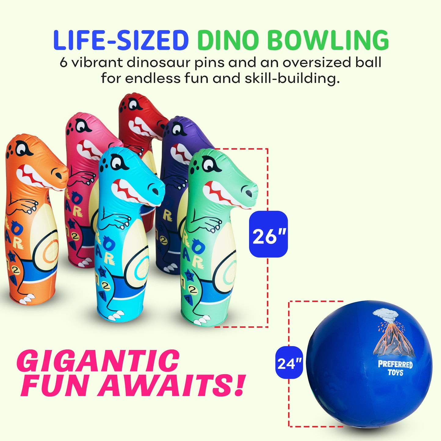 Preferred Toys Dinosaur Bowling Set for Kids, Six 26” Pins and 24” Ball, Durable Bowling Games for Kids Indoor with Numbers, Shapes & Letters, Bowling Toys for Kids 3-5 Years