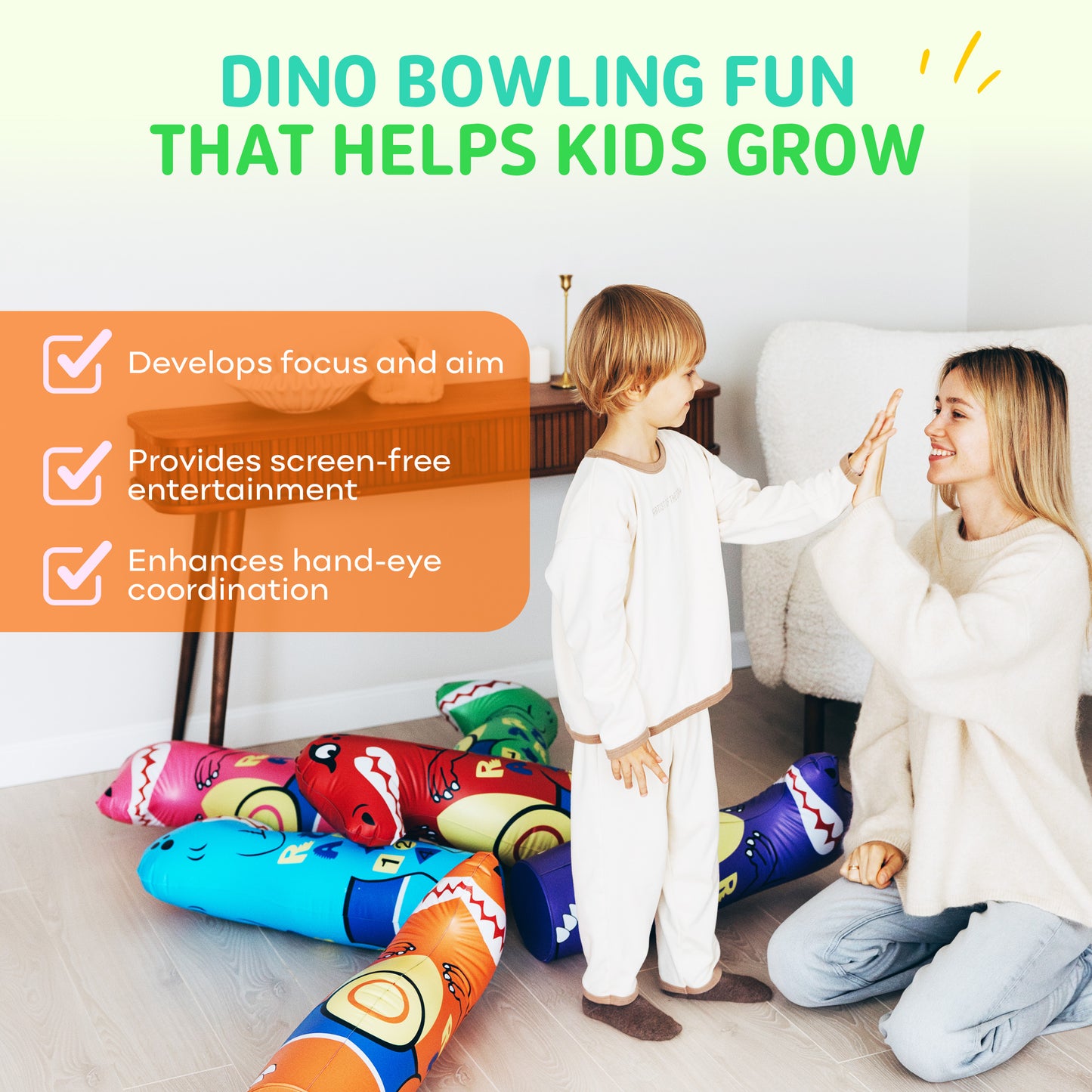 Preferred Toys Dinosaur Bowling Set for Kids, Six 26” Pins and 24” Ball, Durable Bowling Games for Kids Indoor with Numbers, Shapes & Letters, Bowling Toys for Kids 3-5 Years