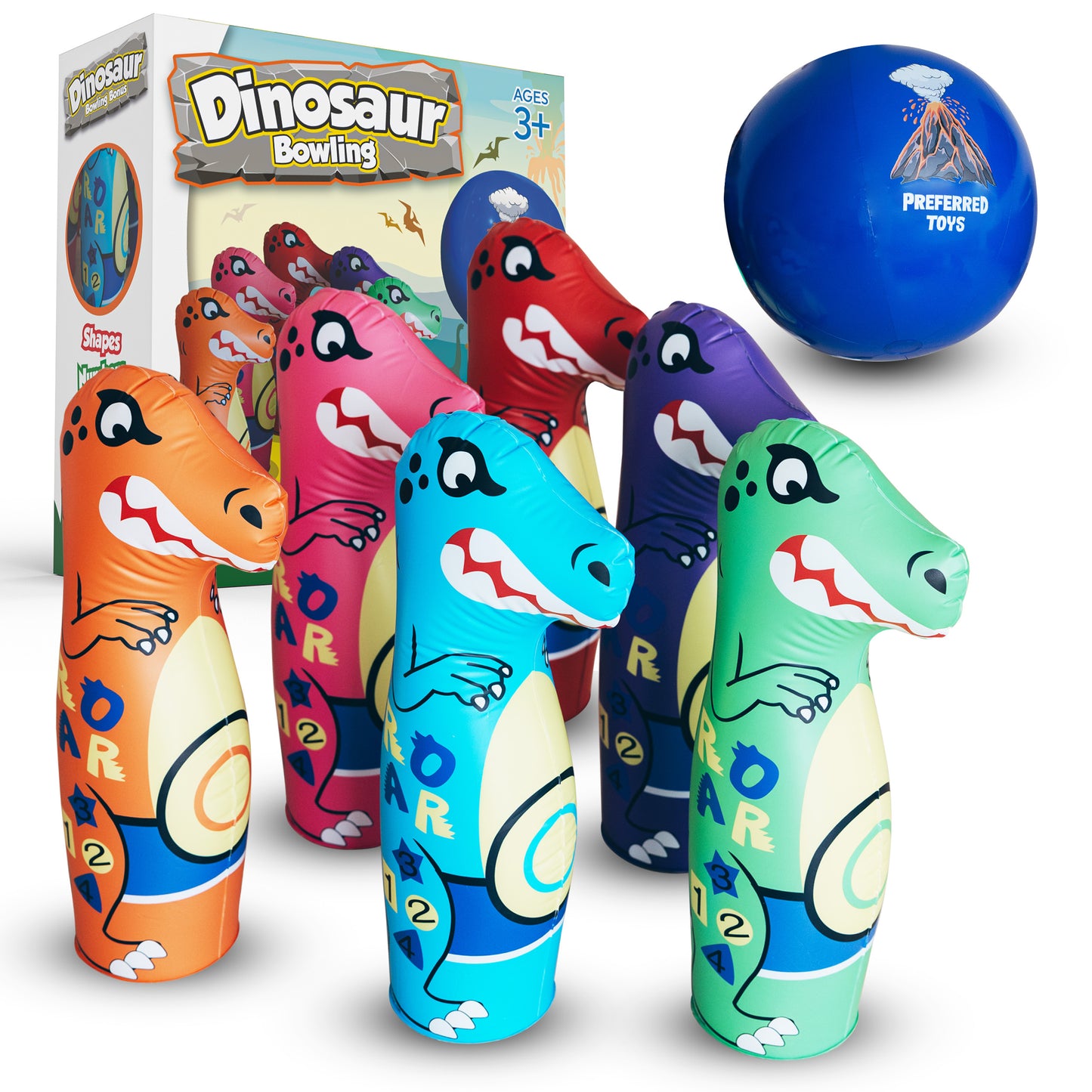 Preferred Toys Dinosaur Bowling Set for Kids, Six 26” Pins and 24” Ball, Durable Bowling Games for Kids Indoor with Numbers, Shapes & Letters, Bowling Toys for Kids 3-5 Years