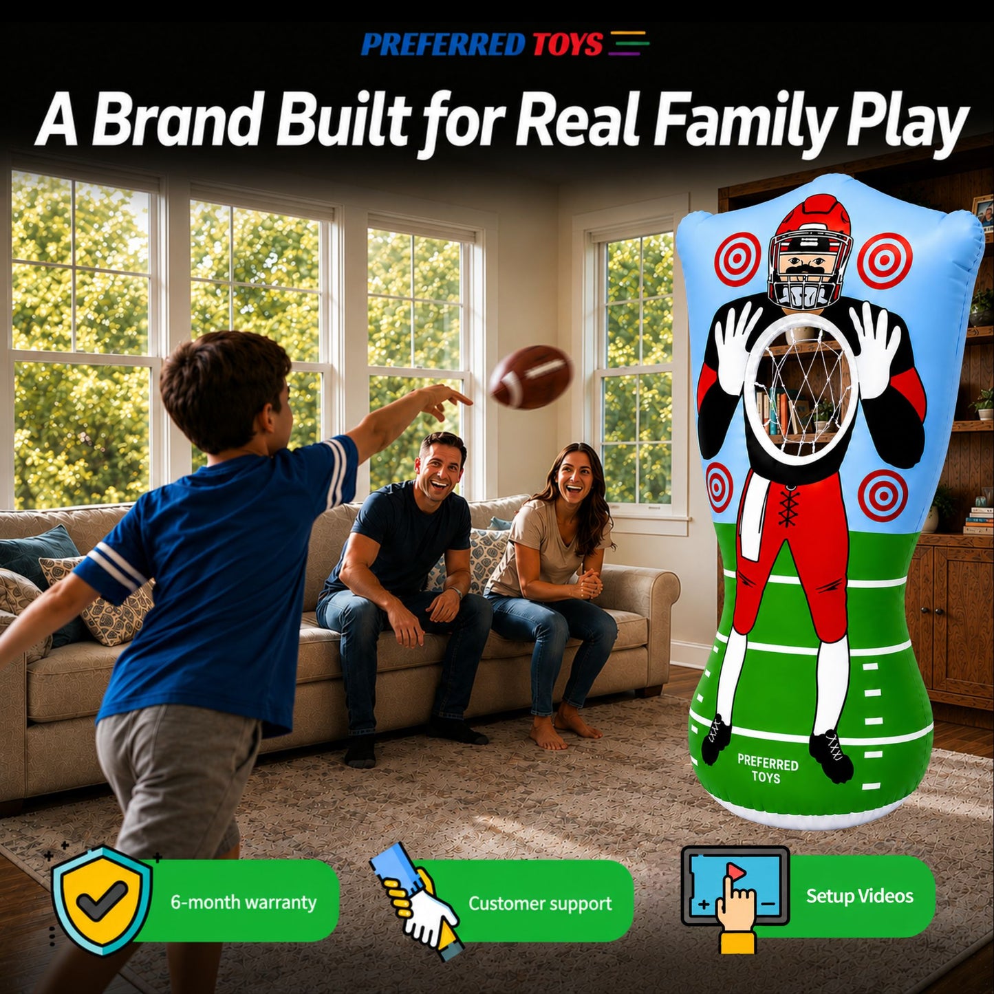 Inflatable Football Target - Double-Sided Toss Football Training Game with Mini Footballs - Fun Kids Throwing Football Games for Indoors, Outdoors, Birthdays, Camping, Beach - 65 Inch
