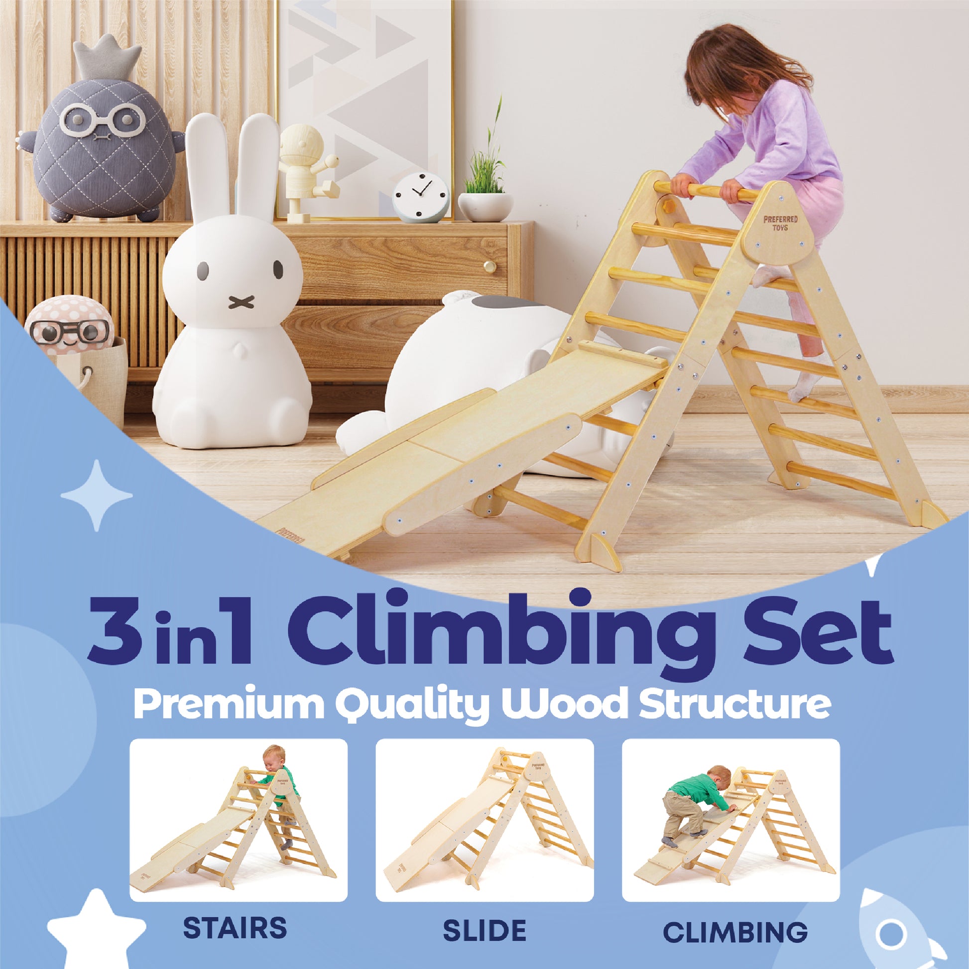  Preferred Toys Pikler Triangle - Juego de escalada Montessori 3  en 1 con tobogán, cuerda y pared de escalador de madera, equipo de juego  plegable para niños, gimnasio para niños y