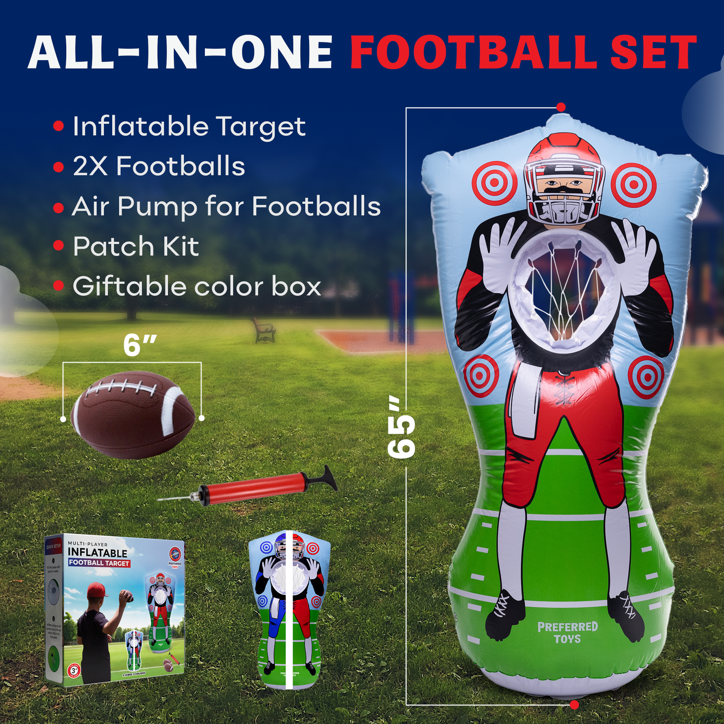 Inflatable Football Target - Double-Sided Toss Football Training Game with Mini Footballs - Fun Kids Throwing Football Games for Indoors, Outdoors, Birthdays, Camping, Beach - 65 Inch