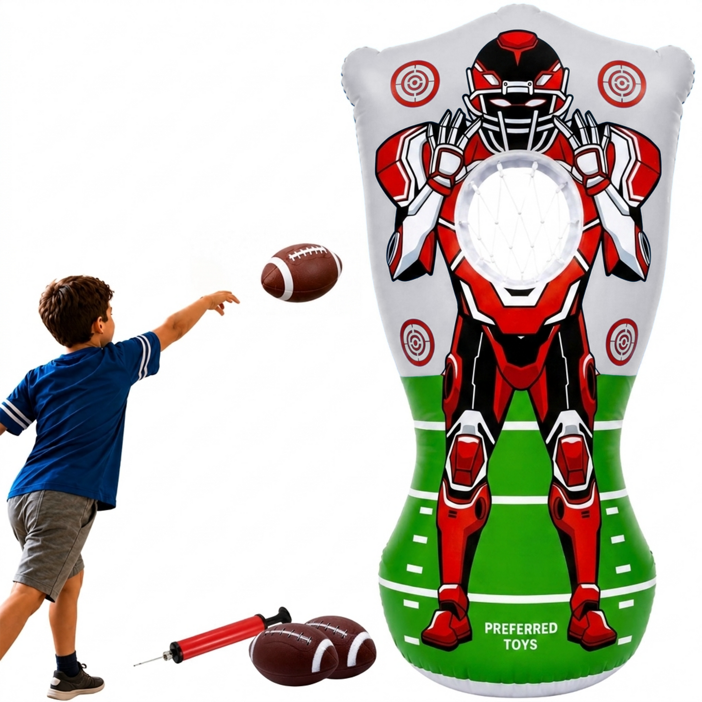 Preferred Toys Inflatable Football Target - Double-Sided Toss Football Training Game with Mini Footballs - Fun Kids Throwing Football Games for Indoors, Outdoors, Birthdays, Camping, Beach - 65 Inch