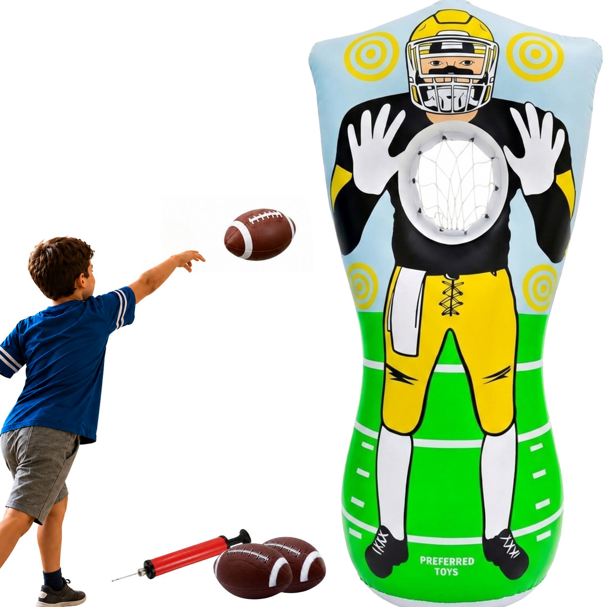 Preferred Toys Inflatable Football Target - Double-Sided Toss Football Training Game with Mini Footballs - Fun Kids Throwing Football Games for Indoors, Outdoors, Birthdays, Camping, Beach - 65 Inch