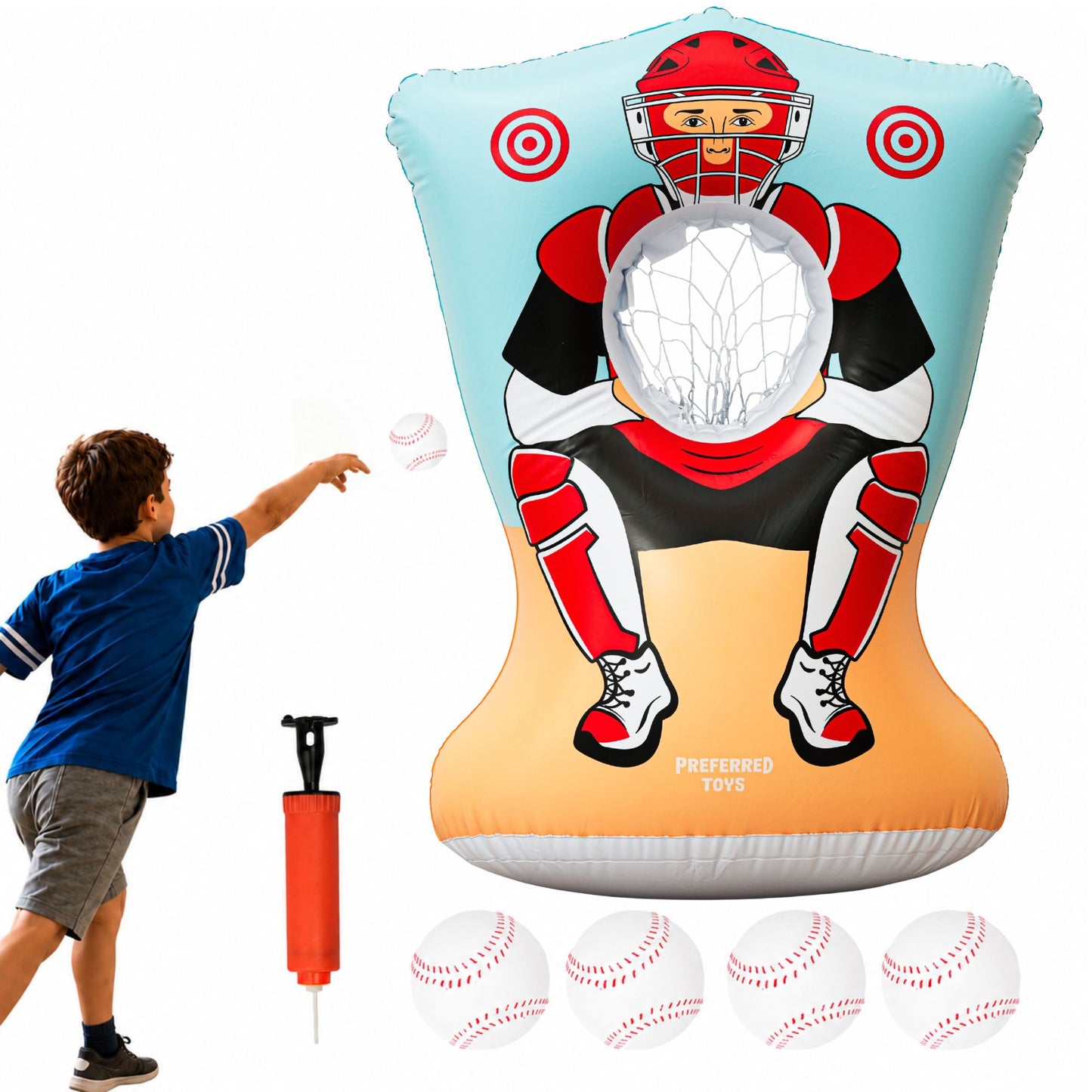 Preferred Toys Inflatable Baseball Pitching Target for Kids, Double-Sided Outdoor & Indoor Baseball Training Toss Game, Includes 4 Balls, Air Pump, & Patch Kit